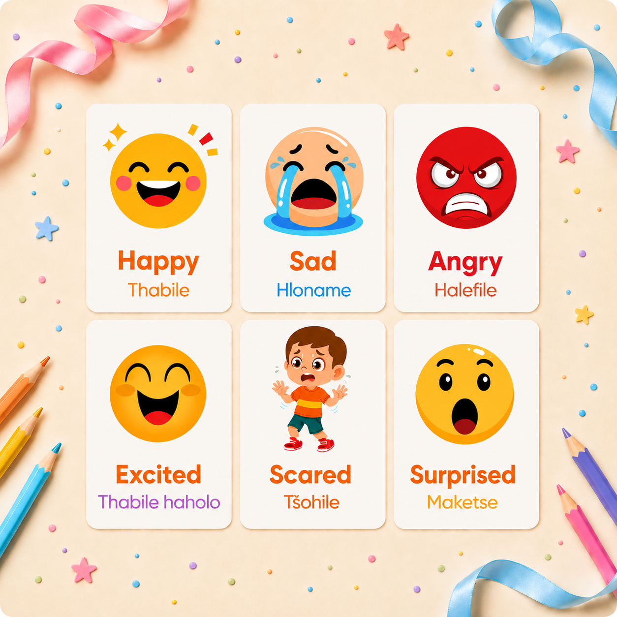 Emotions Flash Cards - Sesotho