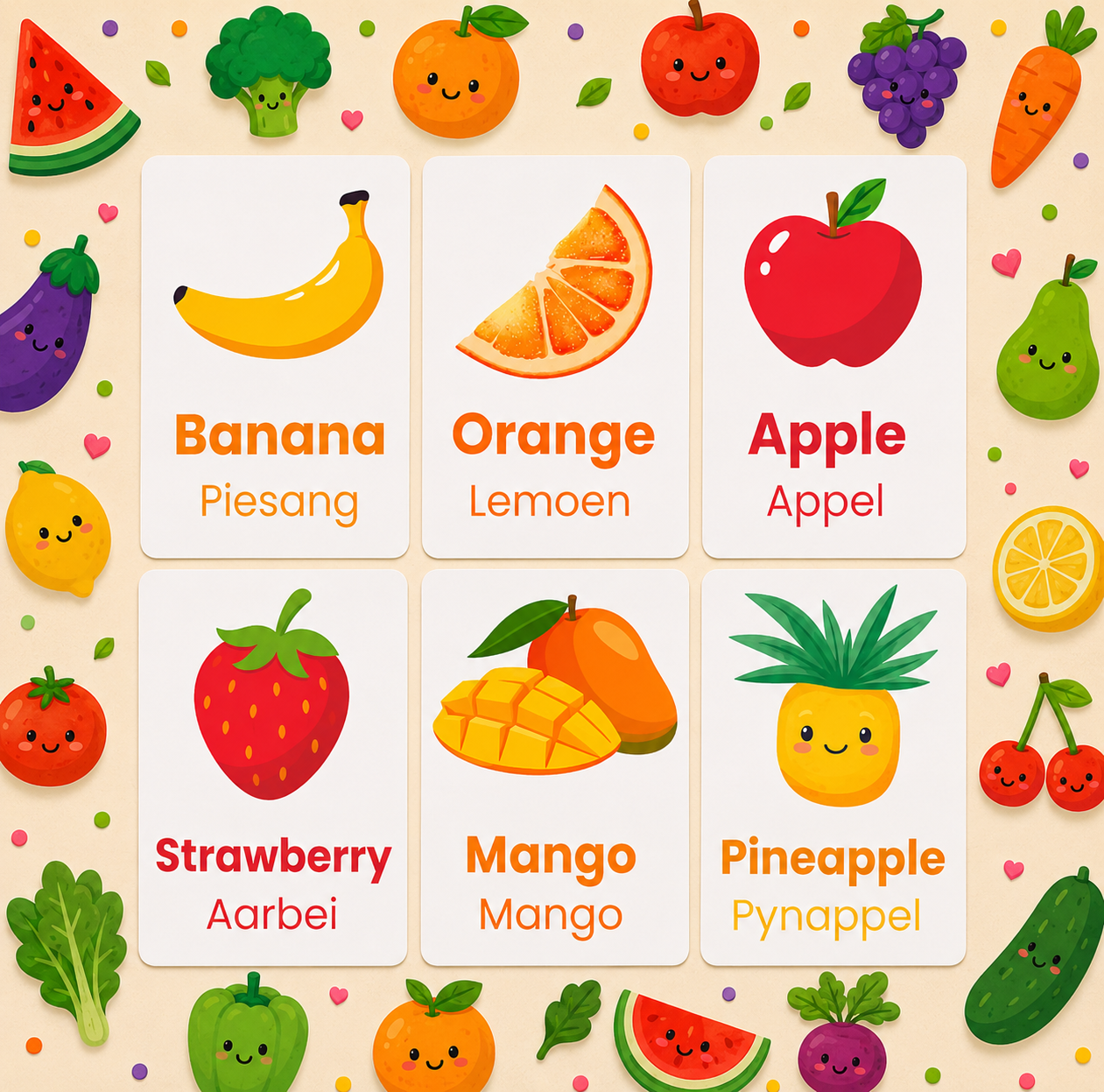 Fruit & Veg Flash Cards - Afrikaans