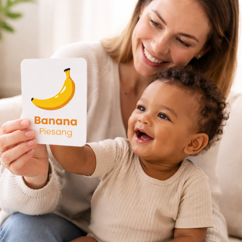 Woman and child holding a card with a banana illustration and text.